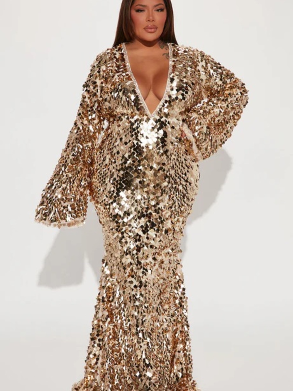 Gold Sequin Plunge V-Neck Gown 2X NWT